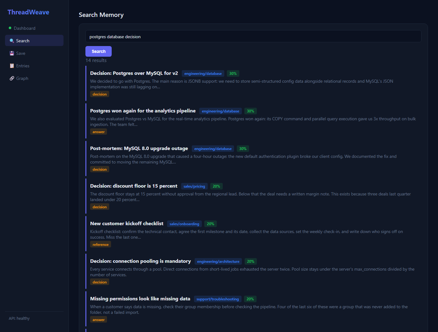 ThreadWeave search results: captured decisions shown with their wing, room and relevance score